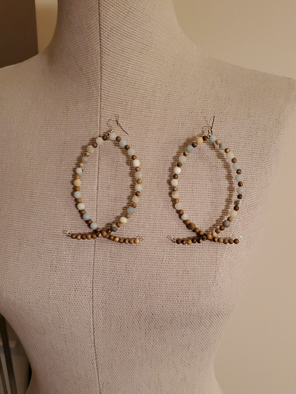 Handcrafted One Of A Kind Beaded Hoop Dangle Earrings - Natural Brown & Cream